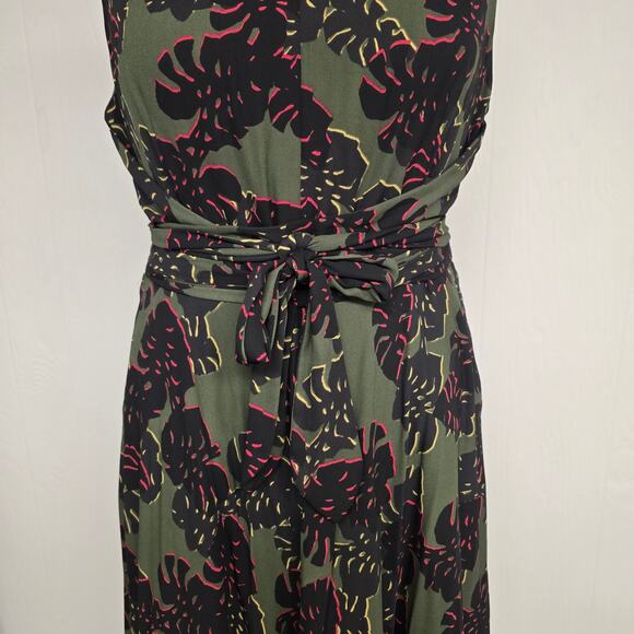 Women's Tahari Olive Black Abstract Floral A-Line Self Tie Dress | Size 16 - Picture 5 of 12